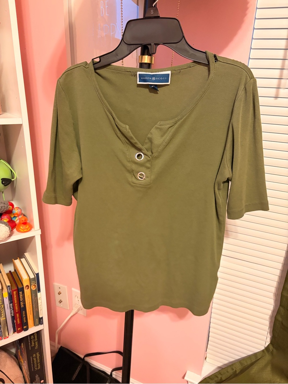 Karen Scott Olive Short-Sleeve Henley Top with Button Detail